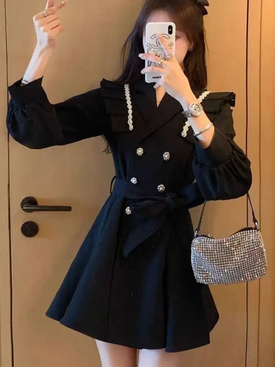 Autumn Elegant Blazer Dress for Women Female Double Breasted Solid A-line Evening Dresses Long Sleeve Female Casual Clothes 2024