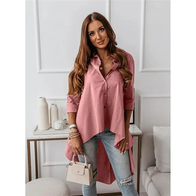 Casual Shirts Women Vintage Long Shirts Fashion Asymmetrical Front Short Back Long Blouse Autumn Long Sleeve Casual Blouse