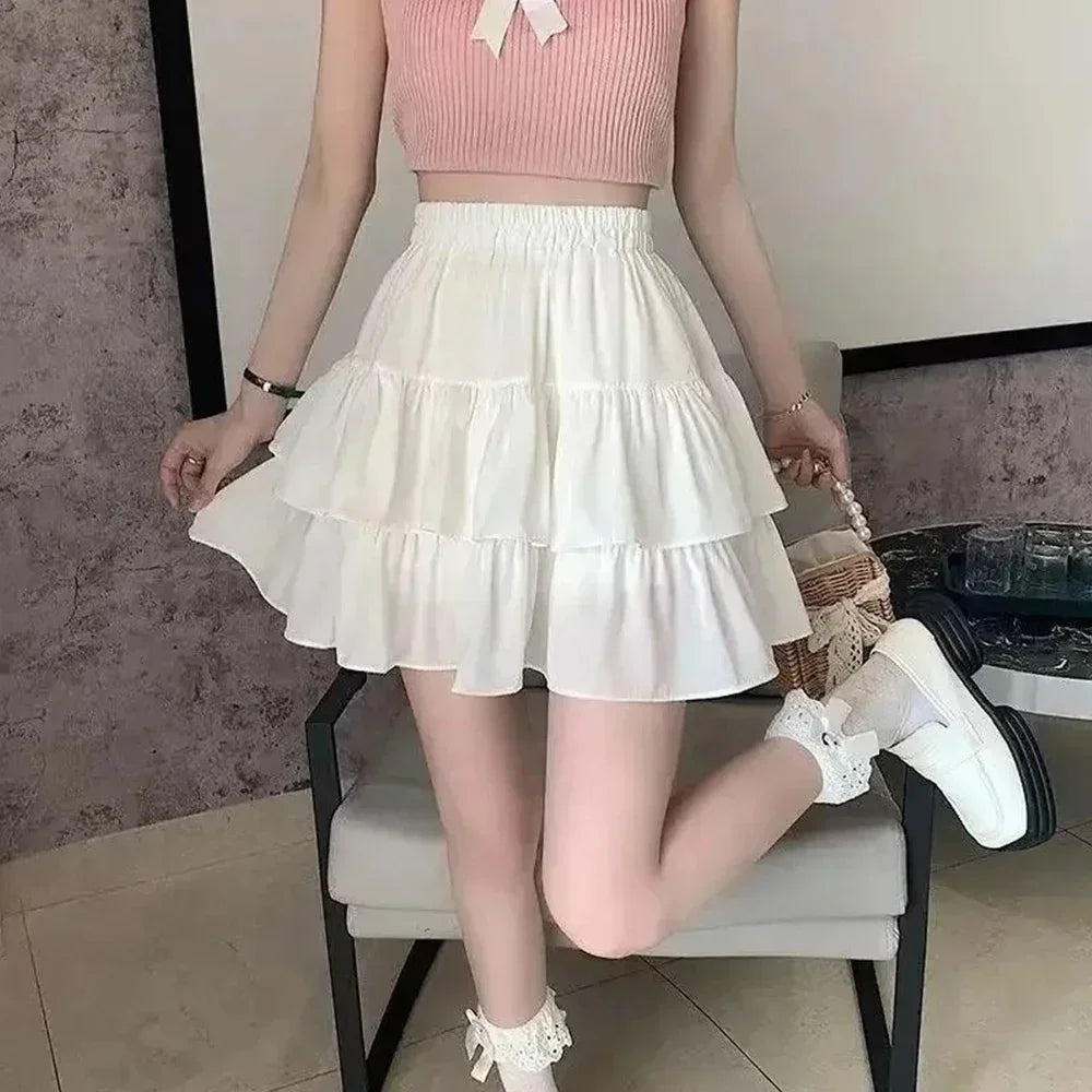 Pleated A-line Skirt White Women Ruffles Sweet Hottie Preppy Style Elastic Elastic Waist Slim Thin Simple Casual Skirts