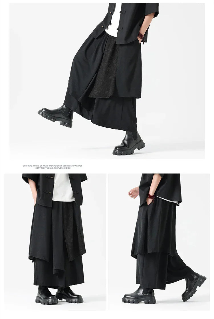 Men's Wide Leg Fashion Pants Pleated Elastic Waist Designer Tie Side Wrap Trousers Summer Streetwear Chinese Japanese Type Pants