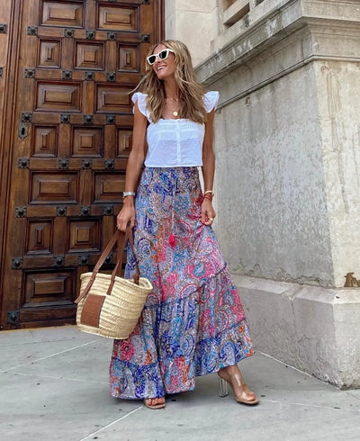Bohemian Style Printed A-line Skirt Women Fashion Beach Vacation Loose Drawstring Ruffles Skirts Female  Summer New Streetwear