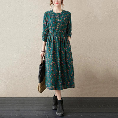 Long Sleeve Cotton Linen Vintage Floral Print Dresses For Women 2025 New Spring Autumn Casual Dress Robe Femme Elegant Clothing