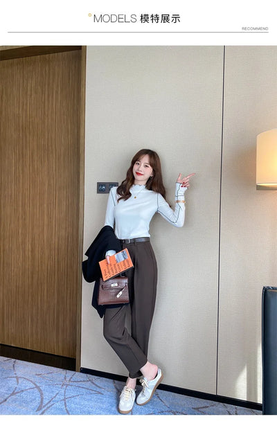 Double-Sided Cashmere Base Layer Women's Warm Half-High Collar Ruffle Long Sleeve T-Shirt Top