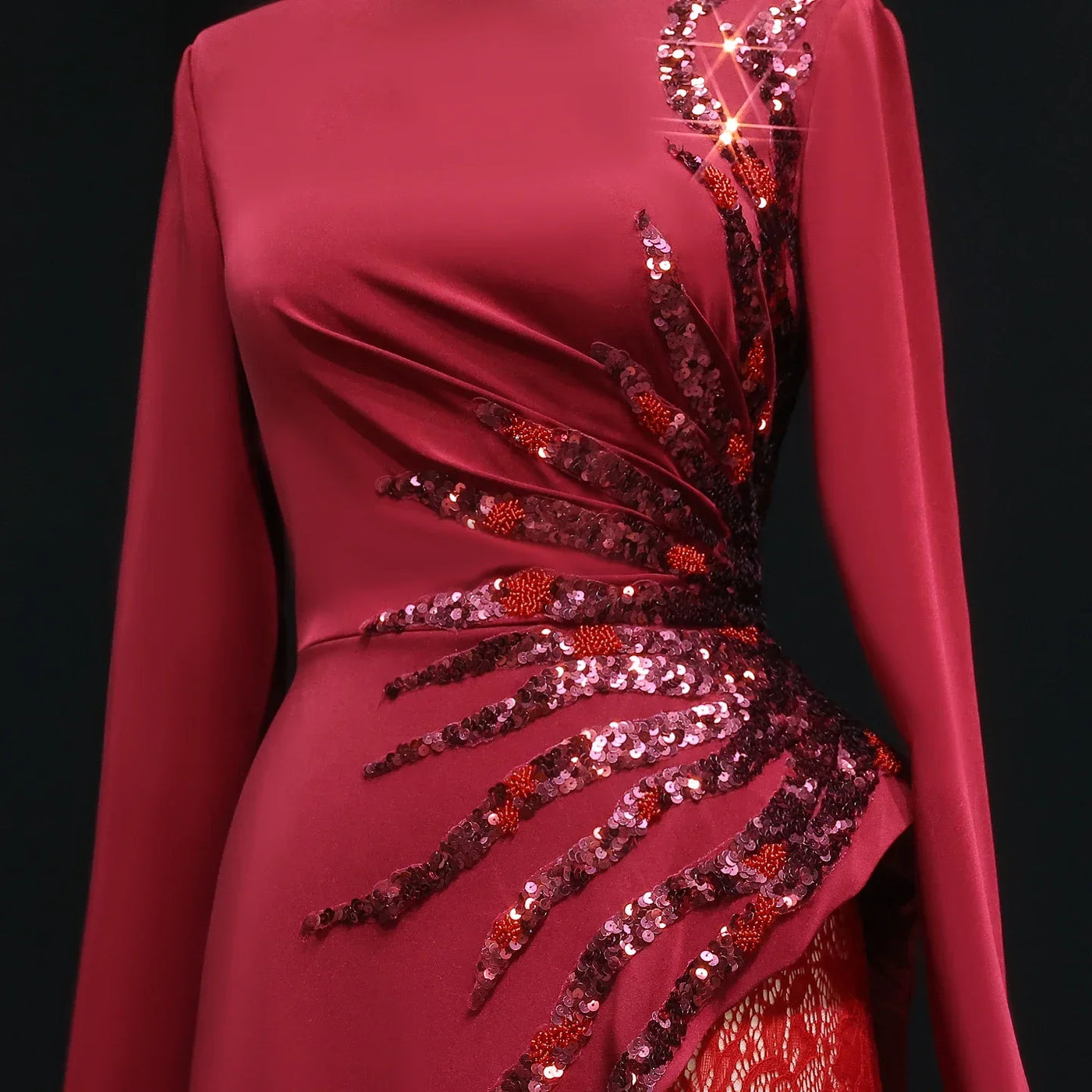 Sharon Said Wine Red Sequined Lace Evening Dresses with Full Sleeves for Women Wedding Party Gown SF266 Customized فساتين سهرة