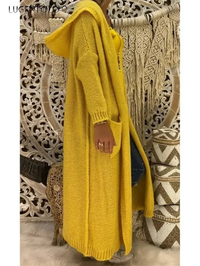 Long Sweater Women Knitted Cardigan Autumn Winter Solid Color Loose Hooded Pocket Casual Fashion Sweaters Lugentolo