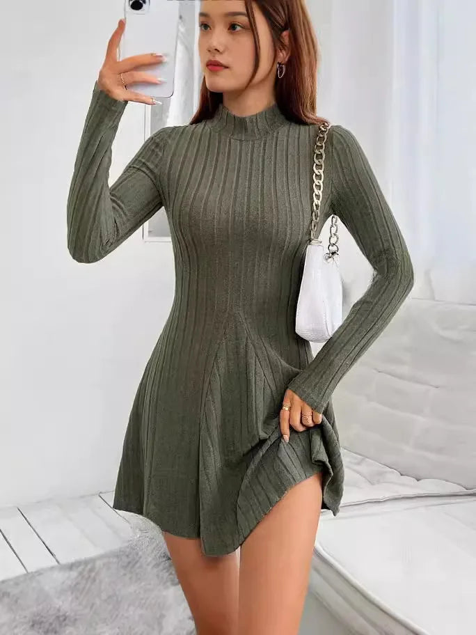 Knitted Dresses Women Basics Pleated Dress Half High Collar Full Sleeve Solid Short Vestidos Knitting A Line Office Lady 2025