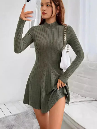 Knitted Dresses Women Basics Pleated Dress Half High Collar Full Sleeve Solid Short Vestidos Knitting A Line Office Lady 2025