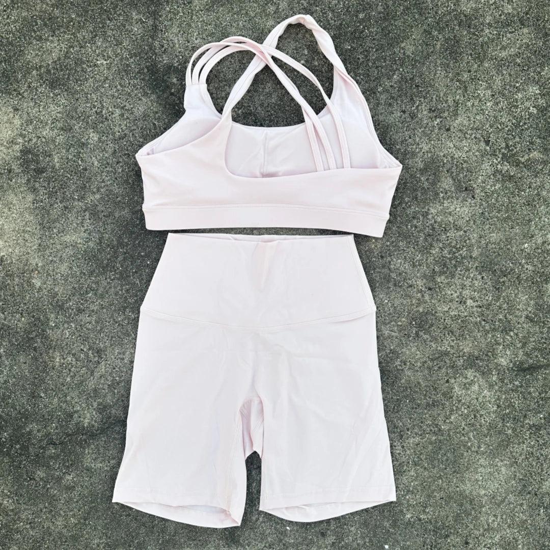 Solid Color Soft Tight Women Gym Yoga Short Legging Cycling Set High Impact Cross Back Shoulder Strap Fitness Sports Bra Workout