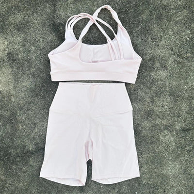 Solid Color Soft Tight Women Gym Yoga Short Legging Cycling Set High Impact Cross Back Shoulder Strap Fitness Sports Bra Workout