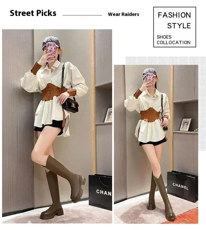 Long tube boots for women 2025 winter new height increasing knight thick heel retro versatile women’s