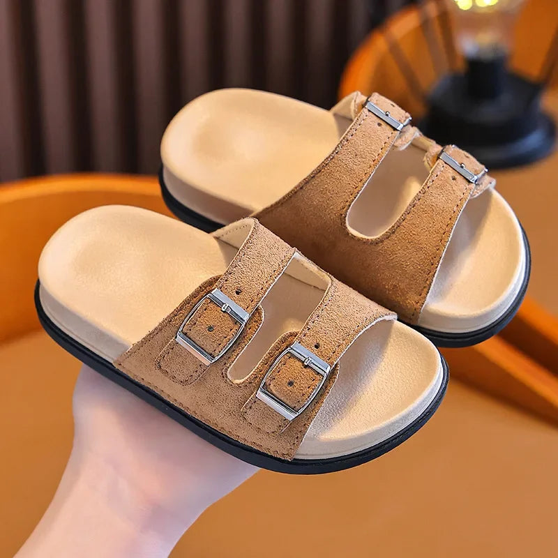 2025 Buckle Kids Summer Shoes PU Solid Beach Slippers For Girls Boys EVA Non Slip Soft Sole Fashion Children's Slippers