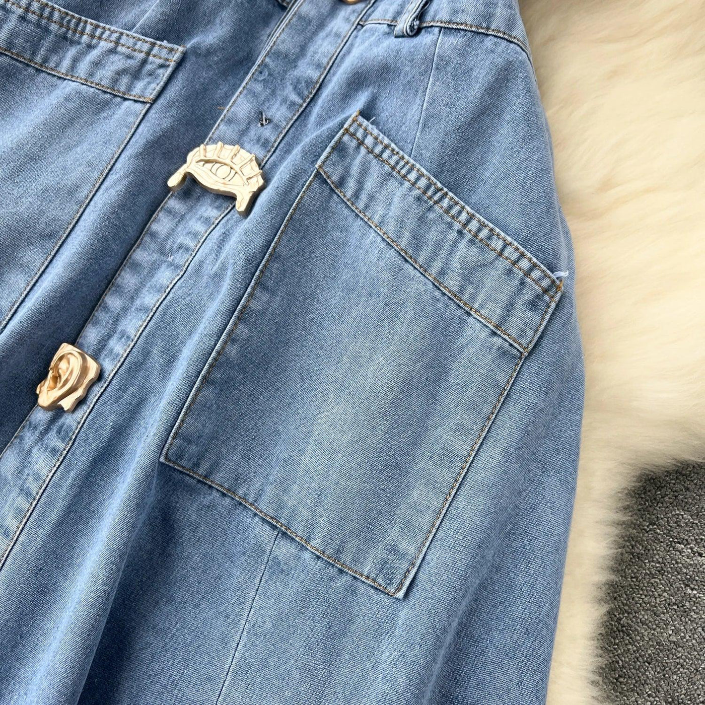 Designer Denim Dress Women Long Dresses Single Breasted Big Turn-down Collar Waist Slimming Temperament Split A-Line Vestidos