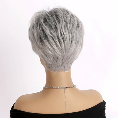 Short Grey Human Hair Wigs for Women Natural Pixie Cut Synthetic Wig Daily Hair