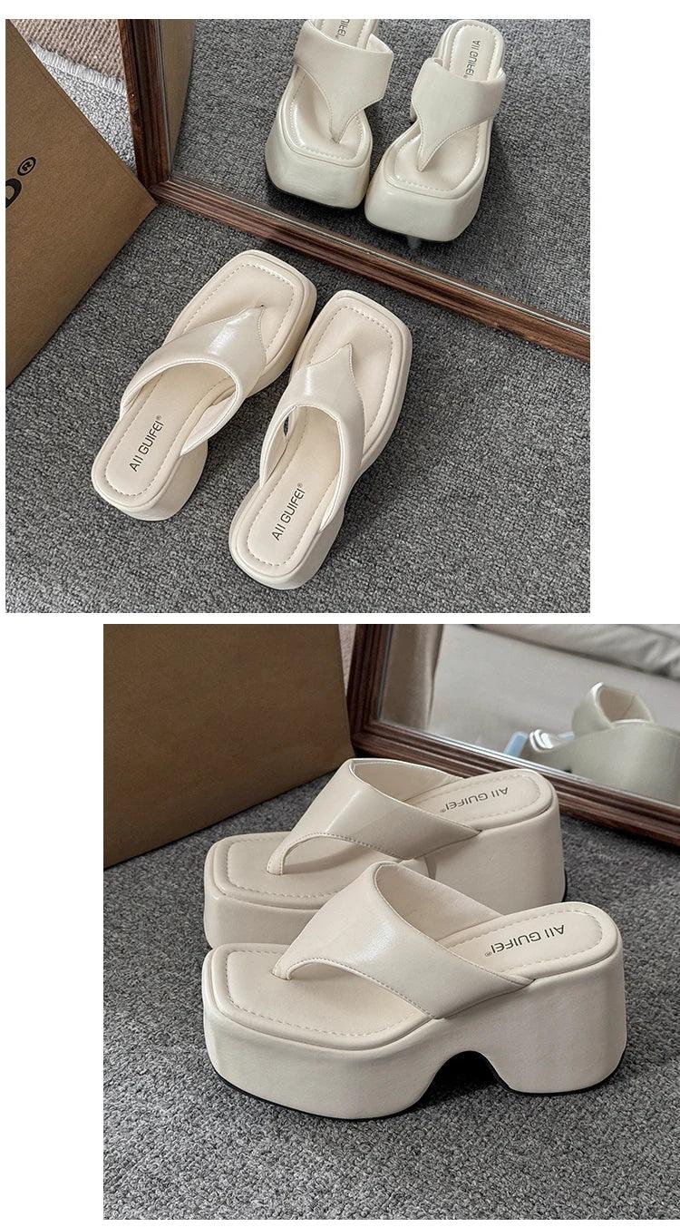 Women's Summer Outdoor Platform Sandals Flip Flops High Heel Thi Bot Clog oes Heightening Slippers Korean Sle PU Mat...