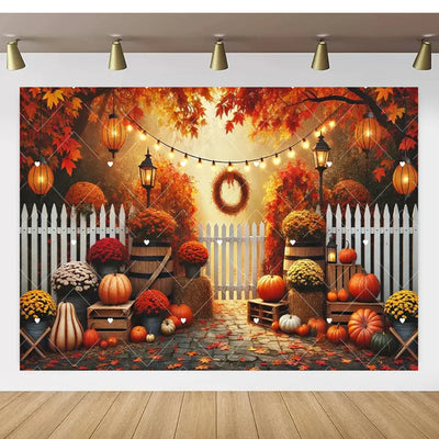 Autumn Thanksgiving Party Photo Backdrop Farm Harvest Maple Leaves Sunflowers Scarecrow Pumpkin Backdrop Poster Studio Photozone