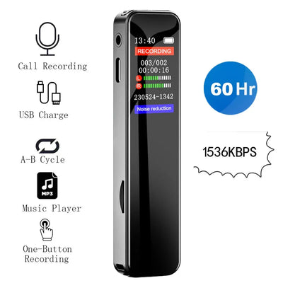 Digital Voice Recorder High-Quality Noise Reduction Record with Playback MP3 Music Player Activated Record 1536KBPS HD Recording