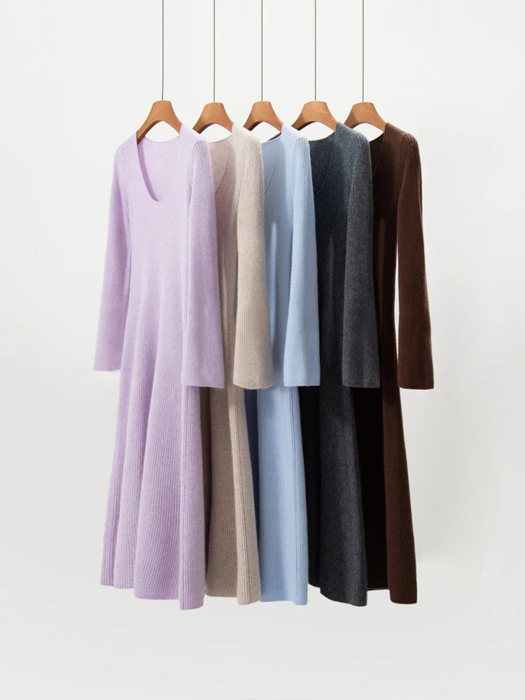Women's Cashmere Sweater Dress Autumn Winter U-neck Striped Pullover 100% Cashmere Knitwear Slim Solid Flare Sleeve A-Line Skirt