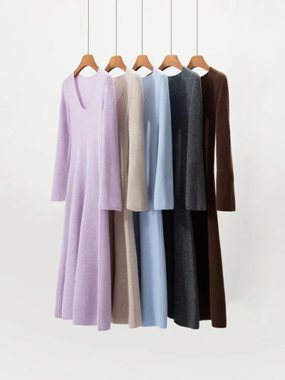 Women's Cashmere Sweater Dress Autumn Winter U-neck Striped Pullover 100% Cashmere Knitwear Slim Solid Flare Sleeve A-Line Skirt
