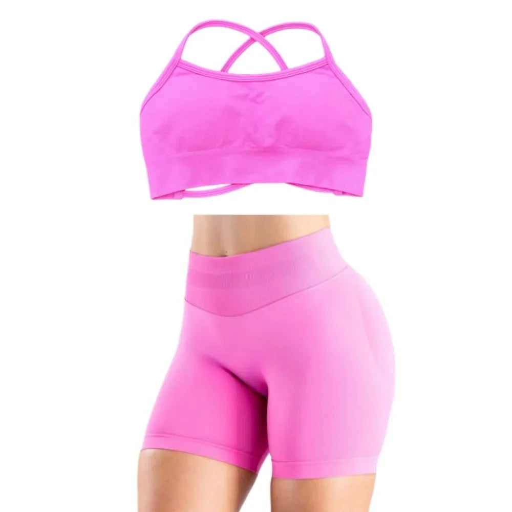 2025 Yoga High Quality Set Solid Color Women's Sports Hip Lift Shorts Cross Bra Shockproof Backrest Sling 2-piece Set Summer