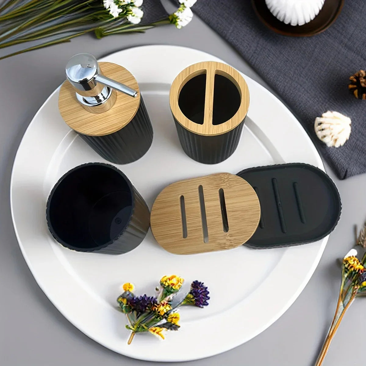 Bathroom Accessories Set Vanity Counter Soap Dispenser Toothbrush Cotton Swab Holder and Tray Set Bathroom Decor Apothecary Jars