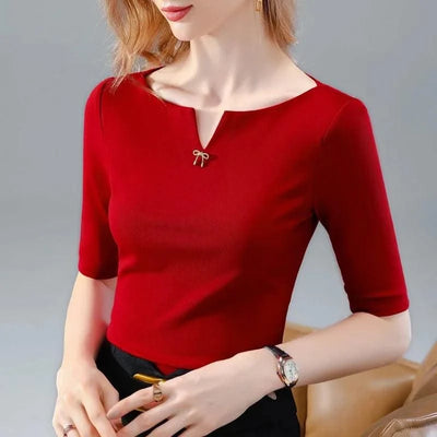 Women V-Neck Short Sleeve brooch Red Tops