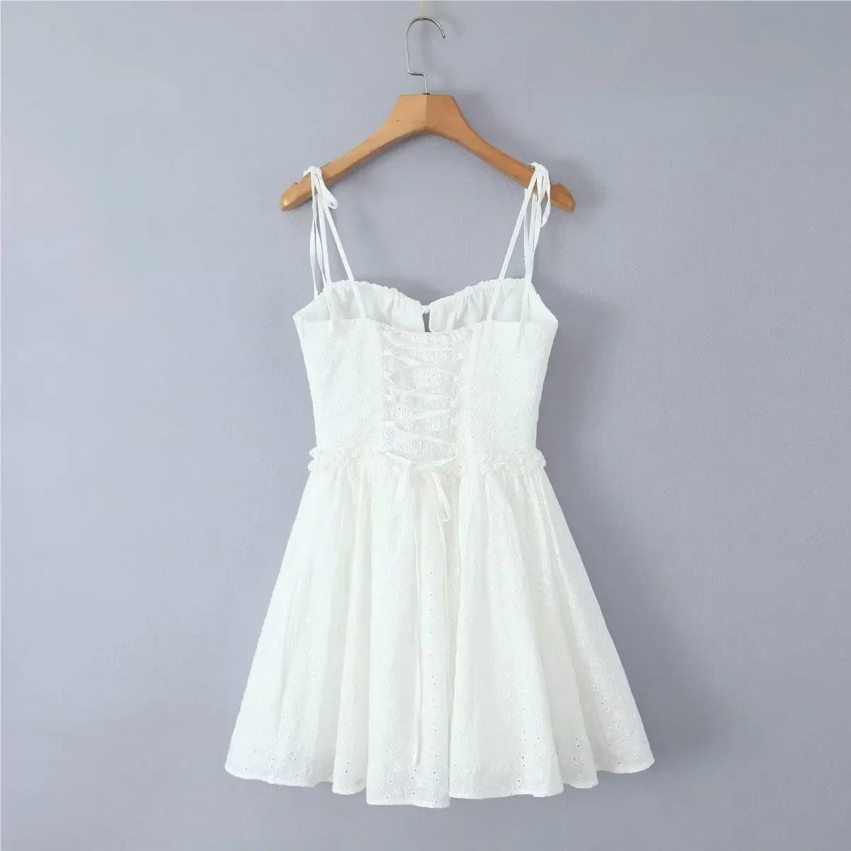 Summer dress 2024 Women Sexy  White Mini Dressses Lace Embroideryed Bodycon Dress Korean Fashion Ruffle Cami Dresss Back Lace Up