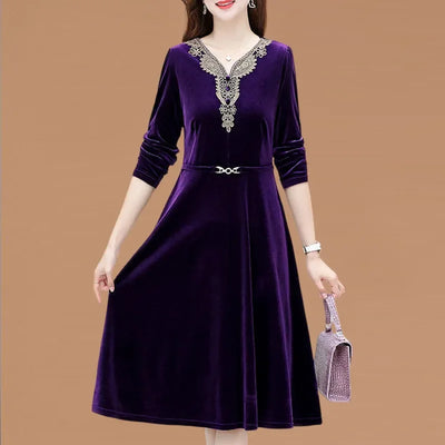 Elegant Purple Velvet Dress With Embroidered Lace V Neck And Belted Waist For Women Autumn Winter Casual Wear