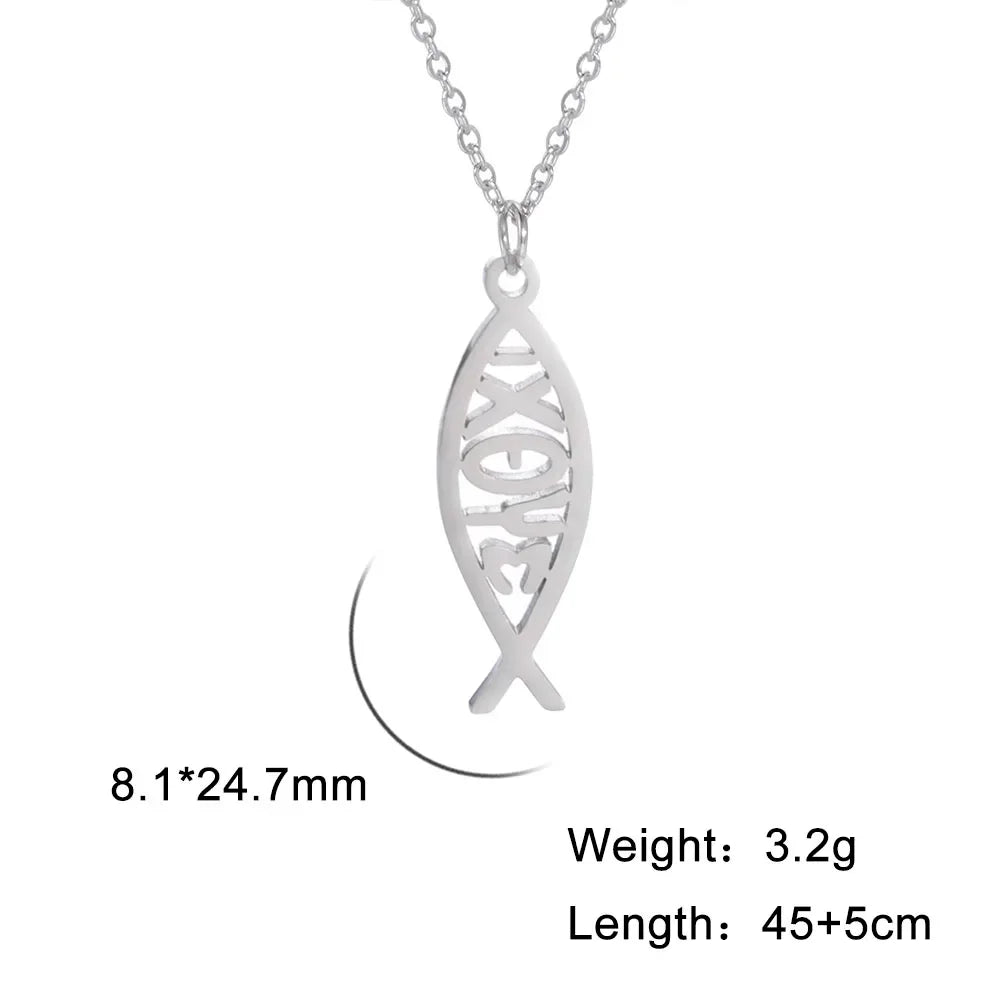 Jeshayuan Christian Jesus Fish Pendant Necklaces For Women Double Layer Stainless Greek ΙΧΘΥΣ Christian Religious Gift