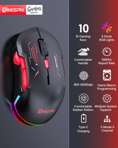 Wireless Bluetooth 2.4G 10000DPI Macro Gaming Mouse 10 Programmable Keys chargeable Game Mouse Charging RGB Left handed hand