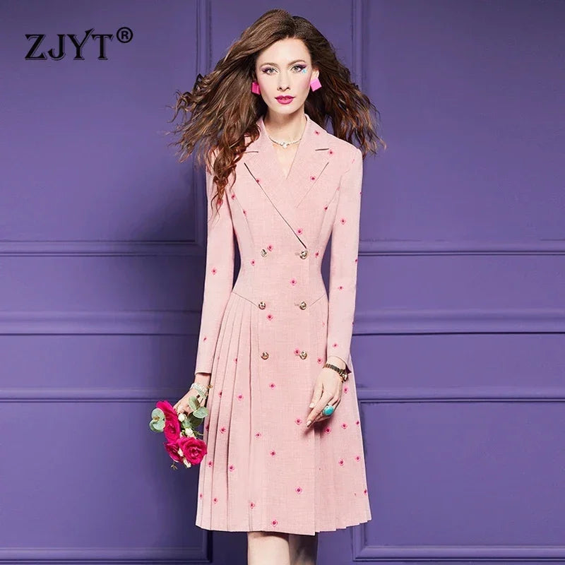 ZJYT New Fashion Women's Autumn Blazer Dresses Long Sleeve Embroidery Double Breasted Office Dress Plus Size Female Clothing