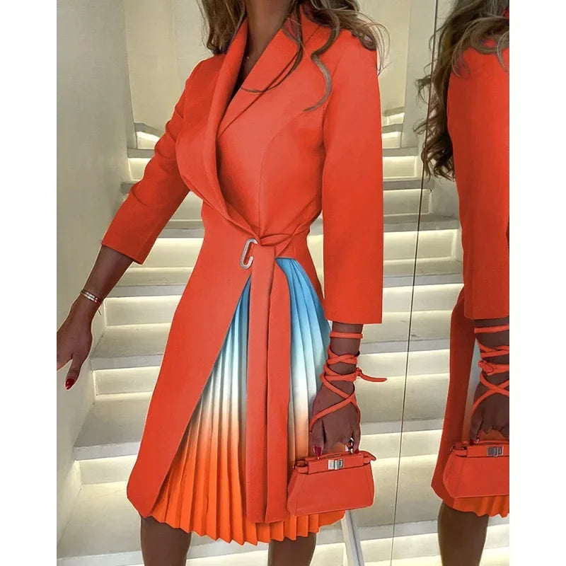 Elegant Women Blazer Dress Office Lady Autumn Winter Long Sleeve Lapel High Waist Corset Belt Folds Party Dress Y2K Chic Clothes