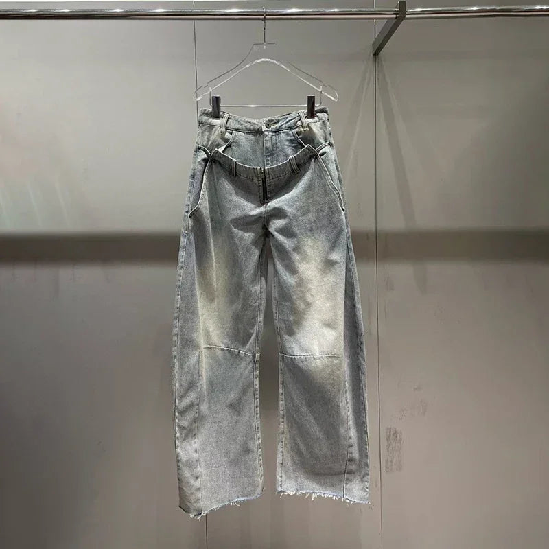 Women's Jeans, Double Waistband Washed Scimitar Work Pants, High Quality Cotton Wide Leg Pants, 2025, Spring, New, y2k