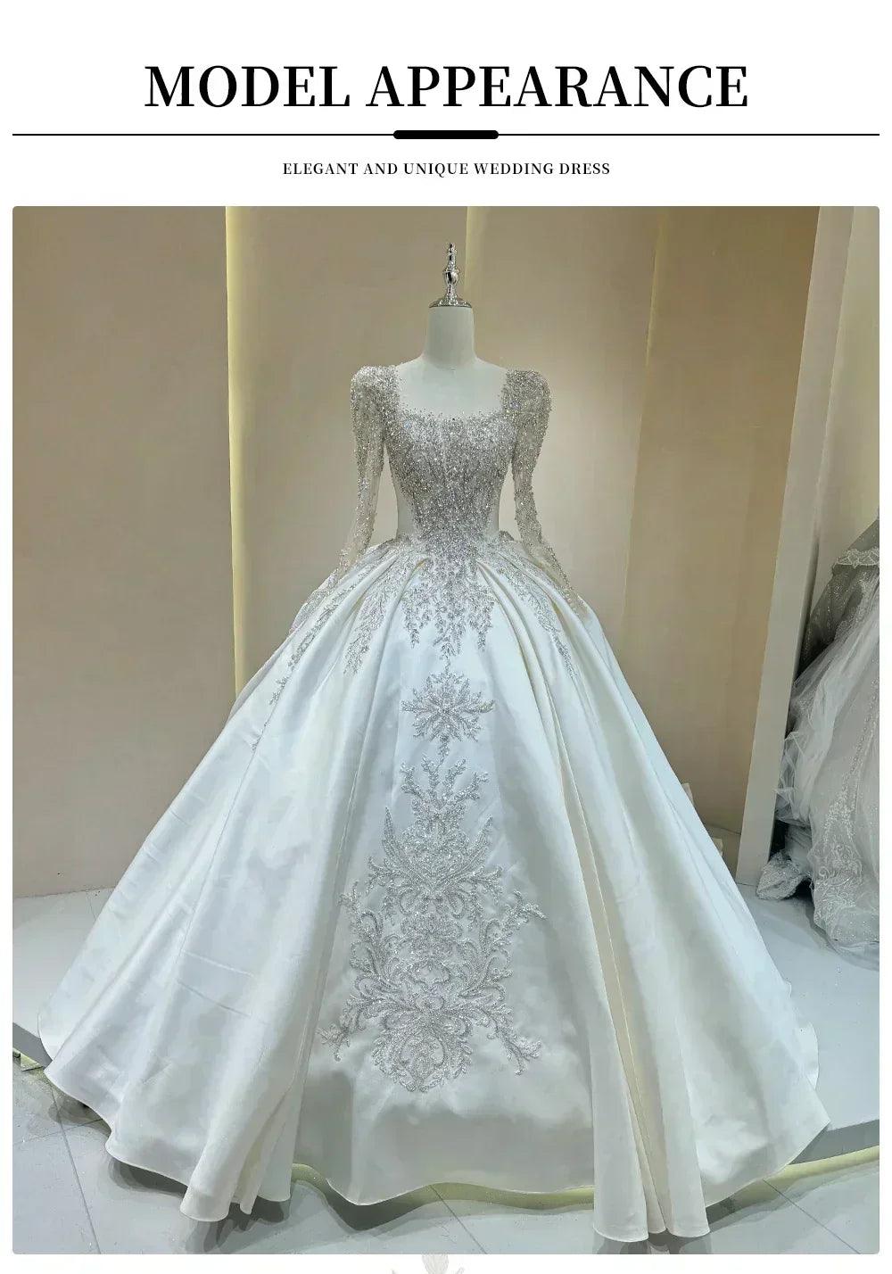 Wedding dress with sparkling embellishments and long trains delicate lace