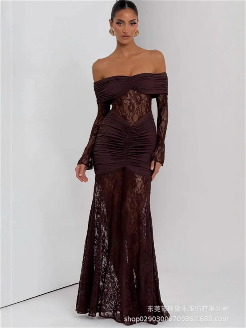 Sexy Lace Mermaid Women Prom Dress Sexy Off Shoulder Full Sleeves Long Party Gown Robe Casual Beach Holiday Formal Evening Gown