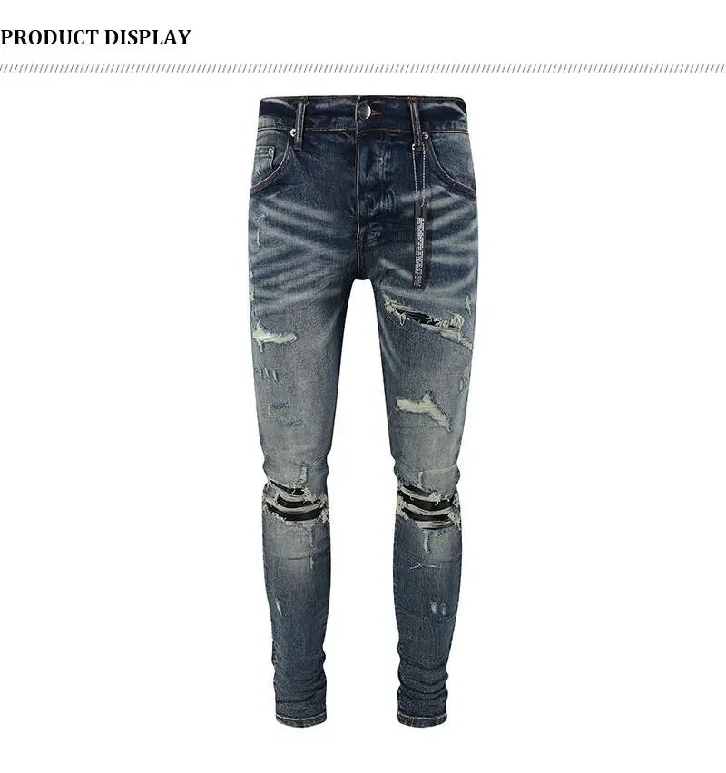 Fashionable new men's jeans with pleated elastic slim fit, retro washed blue jeans, high street designer hip-hop brand pants, ho