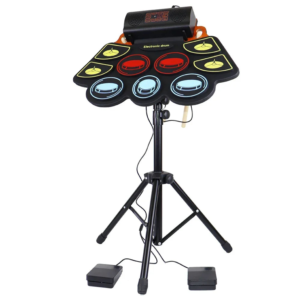 Electronic Drum Set With Drum Sticks Pedals Music Drums 9 Pad Roll-Up Drum Musical Electronic Drums Instrument For Kids Adults