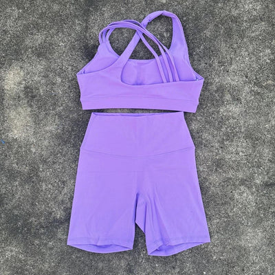 Solid Color Soft Tight Women Gym Yoga Short Legging Cycling Set High Impact Cross Back Shoulder Strap Fitness Sports Bra Workout