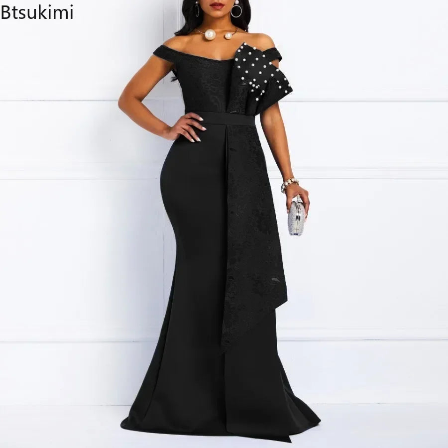 2025 Luxury Dress Women Designers Beaded Off Shoulder Mermaid Skinny Prom Floor Length Evening Dinner Wedding Party Maxi Dress