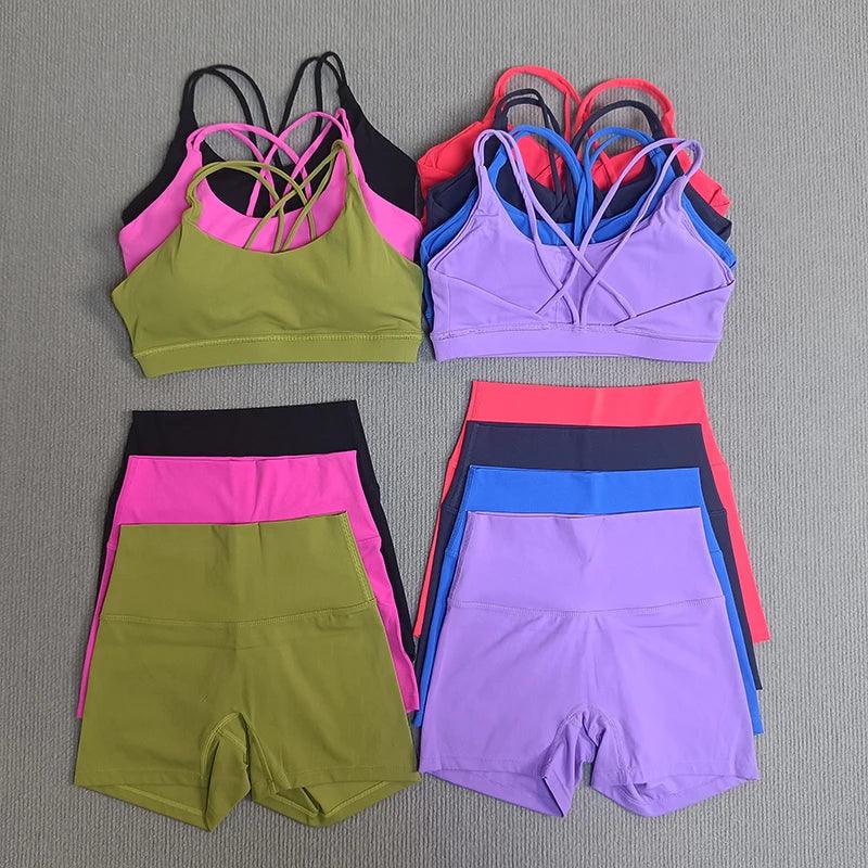 2 Pieces Yoga Set Gym Shorts Sports Set Women Workout Outfit Fitness Suit Cross Straps Bra High Waist Shorts Running Tracksuit