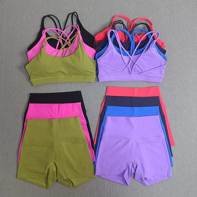 2 Pieces Yoga Set Gym Shorts Sports Set Women Workout Outfit Fitness Suit Cross Straps Bra High Waist Shorts Running Tracksuit