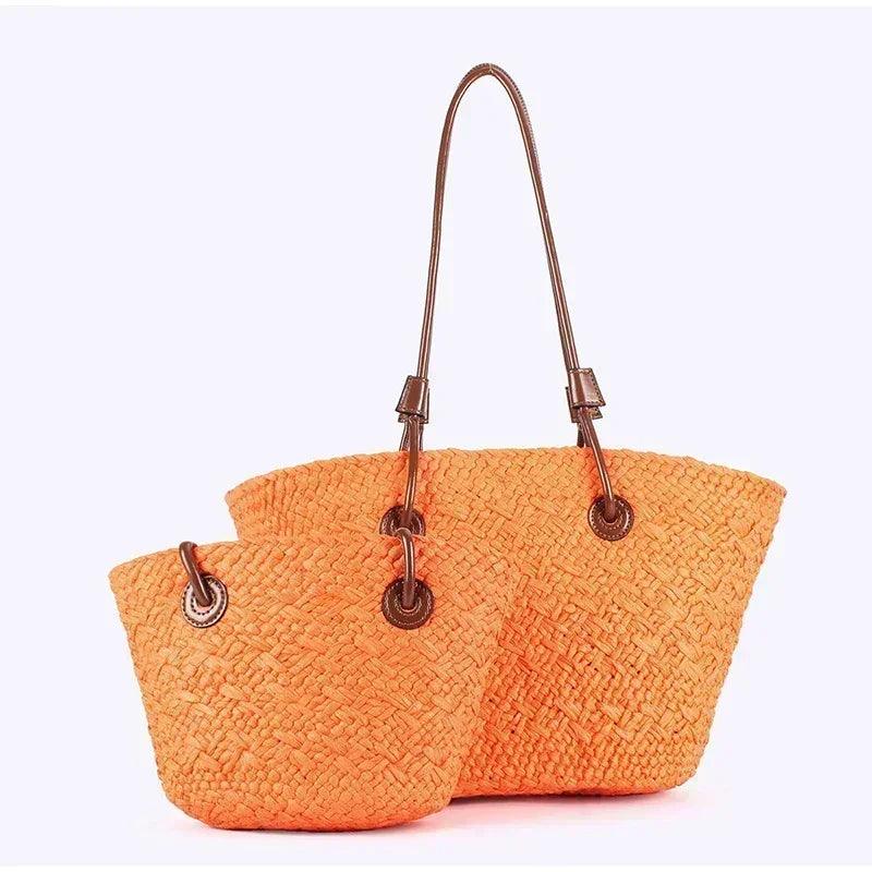 Designer bohemian chic shoulder bag,solid color large capacity straw woven tote bag,nature-inspired beach vacation