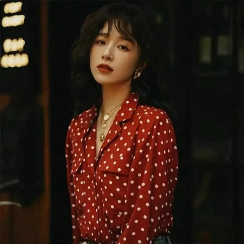 Top V-neck Red Polka Dot Shirt for Women
