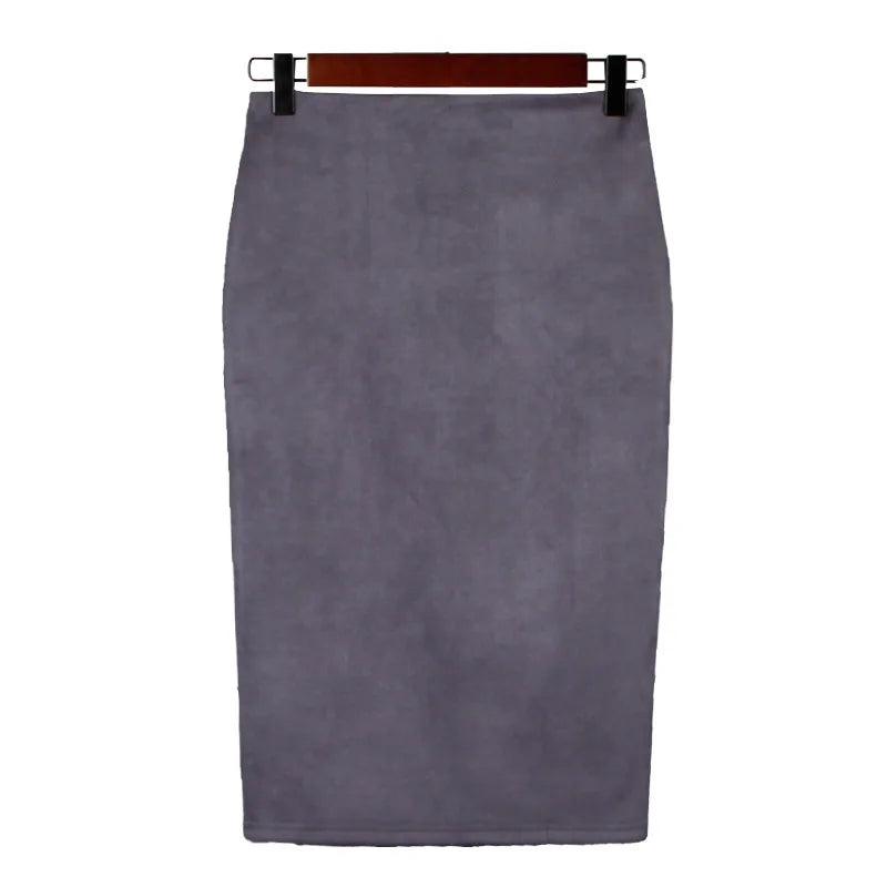 Women's suede solid color pencil skirt, spring and summer high waisted tight fitting retro suede split thick elastic skirt