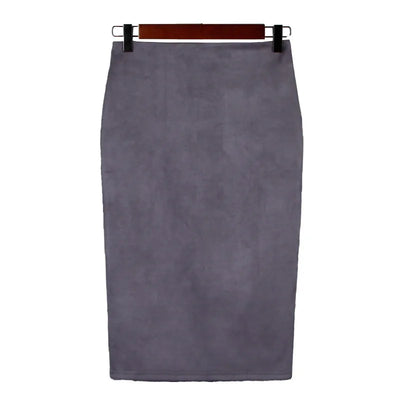 Women's suede solid color pencil skirt, spring and summer high waisted tight fitting retro suede split thick elastic skirt