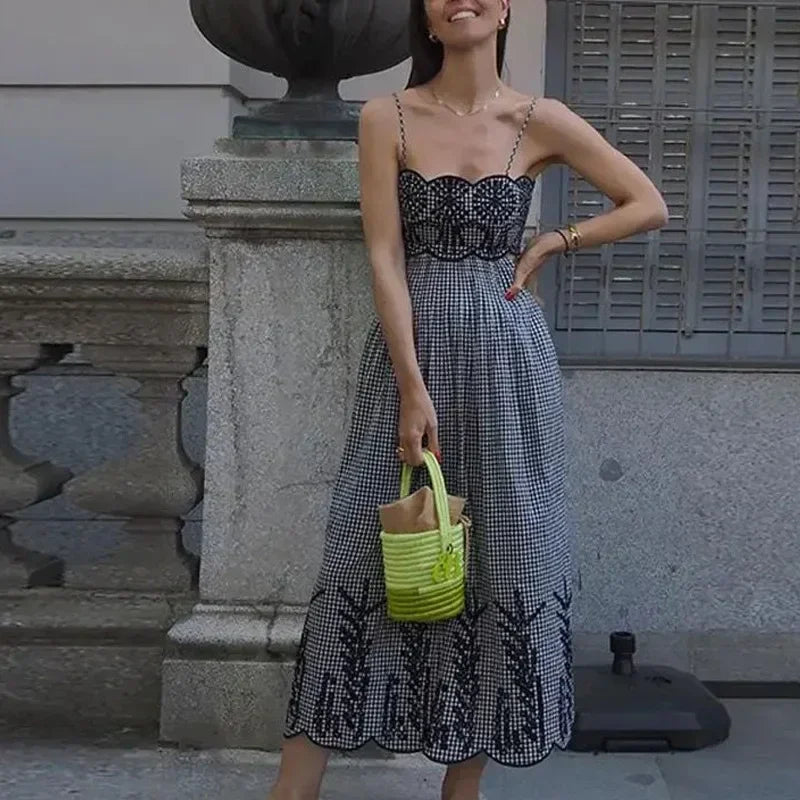 Embroidery Slip Dress Women Sleeveless Plaid Long Dresses Woman Cut Out Backless Midi Dress Elegant Vacation Party Dresses