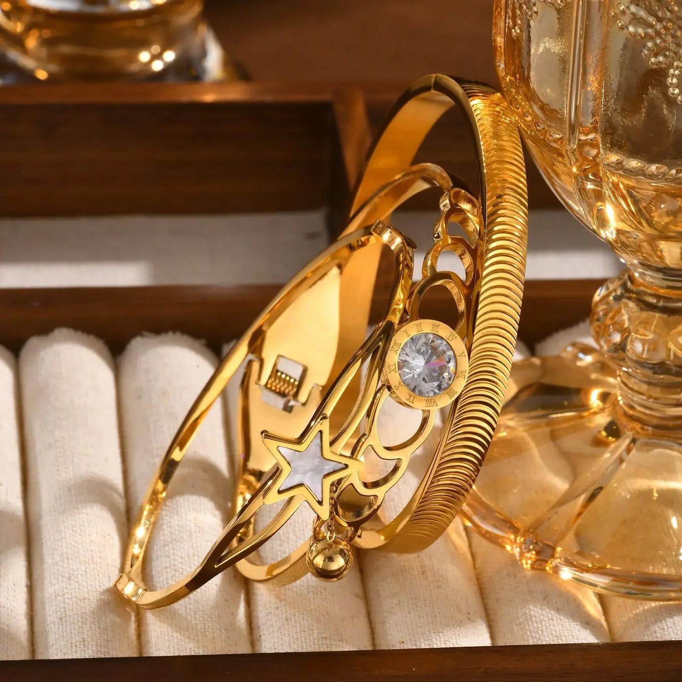 Statement Bangles Gold Plated, Star With Ball Charms Roman Numeral Rhinestone Bracelet, Elegant Party Jewelry for Women