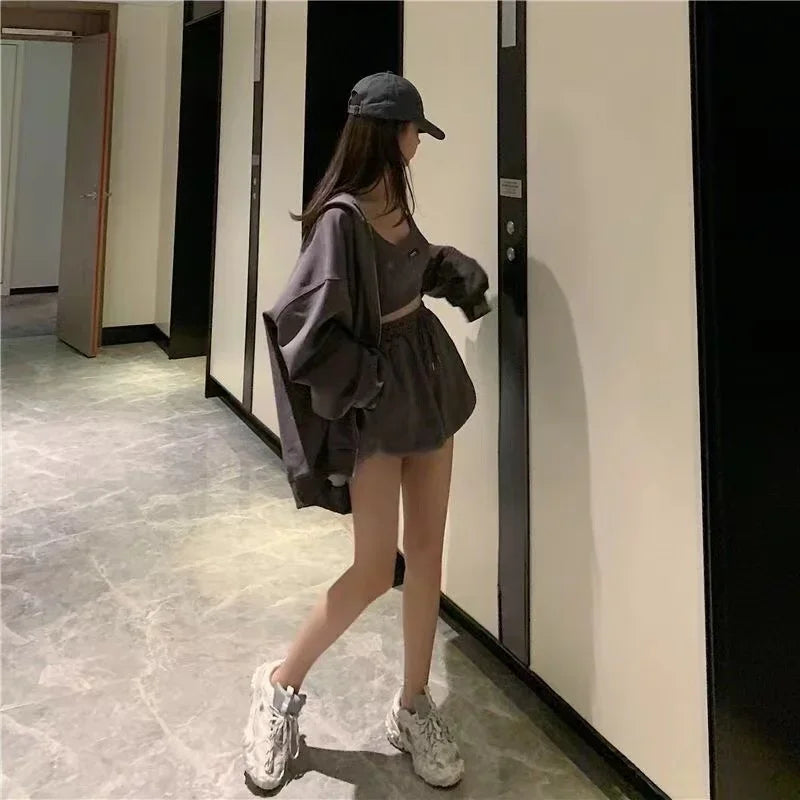 Casual Shorts Three 3 Piece Sets Women Vest Drawstring Shorts Hooded Zipper Jacket Sportswear Suits Female Solid Sports Hoodie