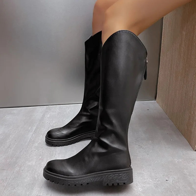 2025 New style knee-high boots for women, retro black thick-soled riding boots, fashionable, versatile and slimming long boots.