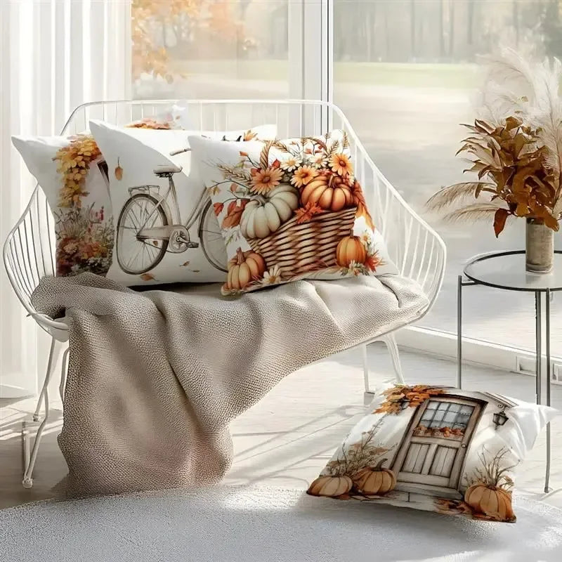 Home Decor Autumn Scenes: Door, Bicycle, Basket Decor Pattern Cushion Cover Suitable for Sofa Bedroom Car Pillow Cover