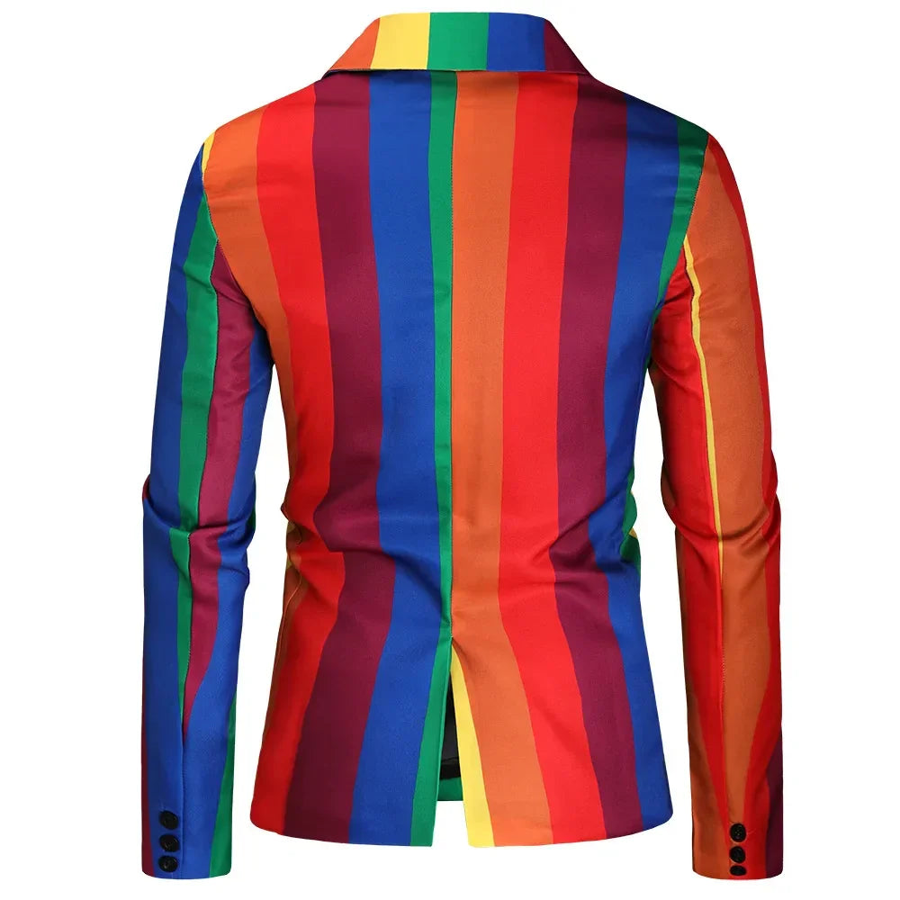 Men's Blazers Sets Rainbow Striped Print Blazers Jacket+Pants+Vest Man three Pieces Sets Prom Party Stage Singer Dancer Costumes